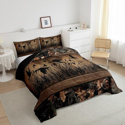 Erosebridal Camo Mallard Duck Comforter Set for Kids Boys Men Rustic Farmhouse Cabin Bedding Comforter Sets Full,Hunting Woodland Duck Bedding Set Country Wood Board Animal Silhouette Bed Set