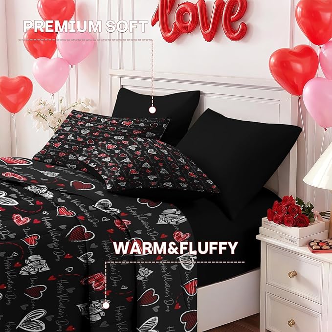 Nesker 7 Pcs Valentine's Day Comforter Set Queen Size, Romantic Heart Love Bedding Set for Kids and Adults, Sweet Kawaii Cartoon Sheets Bed Sheet Sets with Fitted Sheet 2 Pillowcases & 2 Shams