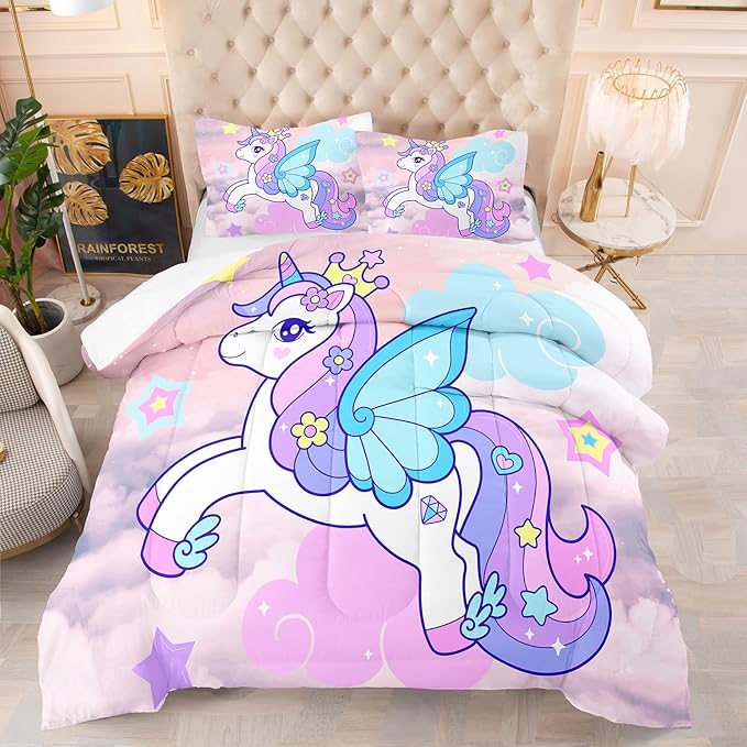 Tailor Shop Unicorn Girls Comforter Sets Queen Size,Unicorn Purple Bedding Sets for Girls Kids Teens with 2 Pillowcase