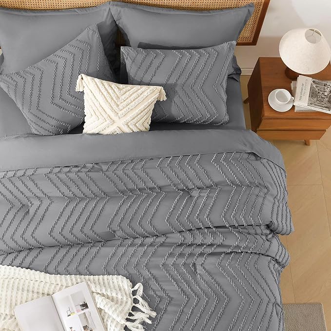 Litanika Queen Size Comforter Set with Sheets Medium Gray - 7 Pieces Bed in a Bag Queen Chevron Tufted Complete Bedding Sets with Comforter, Sheets, Pillowcases & Shams