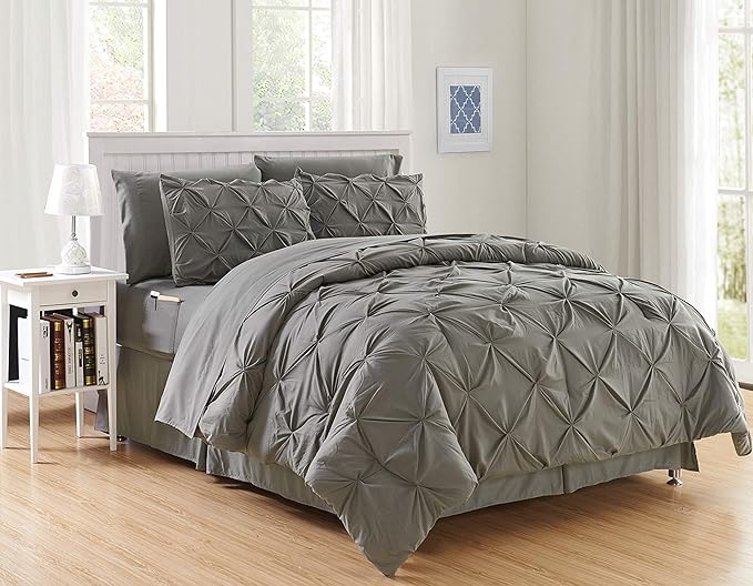 Elegant Comfort 8-Piece Pinch Pleated Comforter Set - All Season Complete Bed in a Bag, Includes 4pc Smart Sheet Set, Bed Skirt, Comforter, Matching Pillowcases and Shams, Full/Queen, Gray