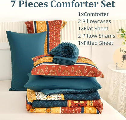 WONGS BEDDING Boho Comforter Set King Size,7 Pieces Bed in a Bag Bohemian Striped Bedding Set,Burnt Orange Paisley Floral Comfortet and Sheet Set,Soft Microfiber Bedding Sets for All Season