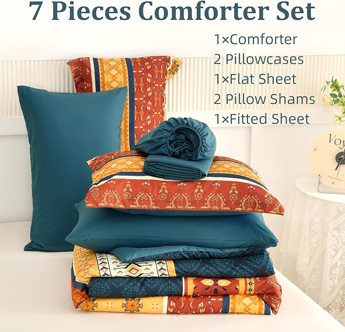 WONGS BEDDING Boho Comforter Set Queen Size,7 Pieces Bed in a Bag Bohemian Striped Bedding Set,Burnt Orange Paisley Floral Comfortet and Sheet Set,Soft Microfiber Bedding Sets for All Season