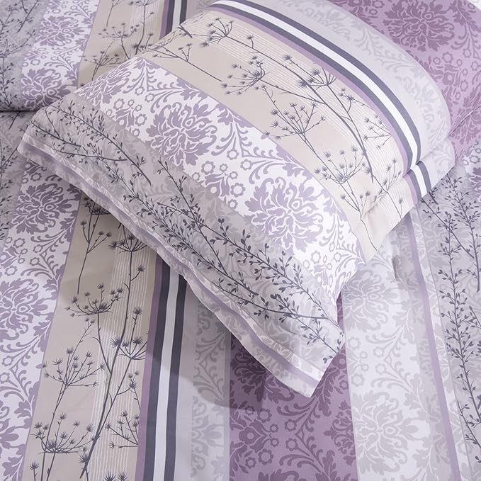 Sunshine Nicole Soft Brushed Microfiber Comforter Set, 7 Pieces Queen, with Light Weight Soft Poly Fill, Printed Purple Grey Florals Face with Light Grey Reverse