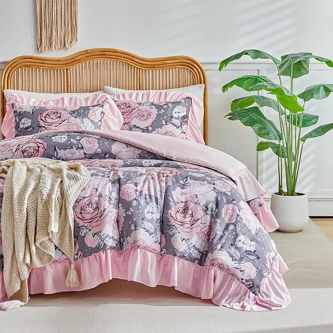 Flower Comforter Set Twin Size 68 * 86in - Gray Pink Floral with Leave Style -3 Pieces Shabby Chic Farmhouse Bedding with Ruffled Fringe Rustic Lightweight Botantical Ruffle Comforter with Shams