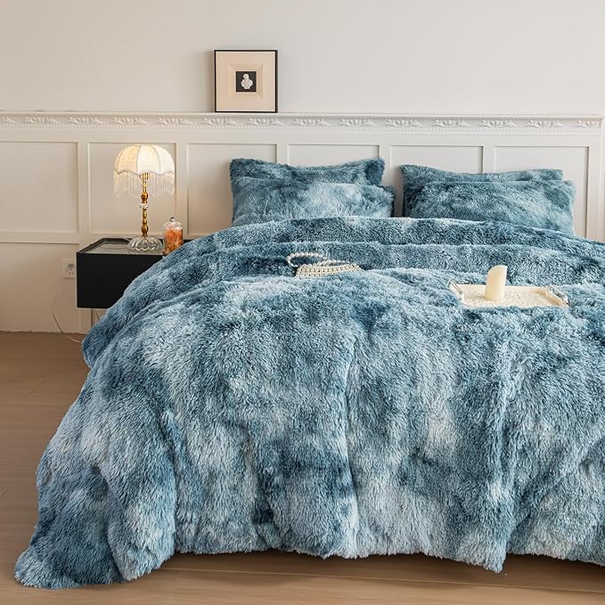 chovy Faux Fur Plush Tie-Dyed Blue White Comforter Set Twin/Full Size - Ultra Soft Shaggy Flannel Velvet Fluffy Fuzzy 3PC Bedding Set (Comforter x 1 Pillowcases x 2)