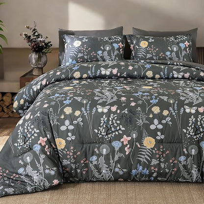 Yiran 7 Piece Grey Floral Comforter Set King Size, Botanical Flowers Bed in a Bag King, Soft Microfiber Complete Bedding Set with Sheets for All Season