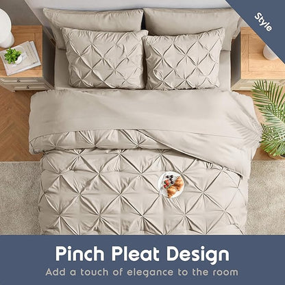 Nestl King Size Comforter Set 7 Pieces - Pinch Pleated Comforter Set in Beige, Bed in a Bag, All Season Bedding Set with Flat Sheet, Fitted Sheet, Pillowcases and Shams