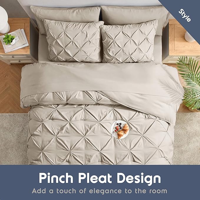 Nestl Queen Comforter Set 7 Piece - Pinch Pleated Comforters Queen Size Beige, Bed in a Bag Queen All Season, Queen Size Comforter Sets Bedding with Flat Sheet and Fitted Sheet, Pillowcases and Shams