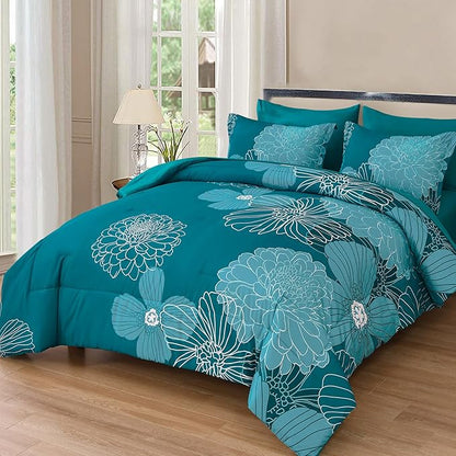 Yiran Teal Floral Comforter Set King 7 Pieces Bed in a Bag Soft Microfiber Bedding Set with 1 Comforter 1 Flat Sheet 1 Fitted Sheet 2 Pillowshams and 2 Pillowcases 104''x90''