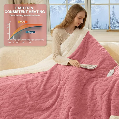 Heated Throw Blanket 50"X60" Pink - Soft Thick Warm Sherpa Electric Blanket for Winter with 5 Fast Heating Levels & 4hrs Auto Off for Women, Machine Washable & ETL Certified for Office Chair
