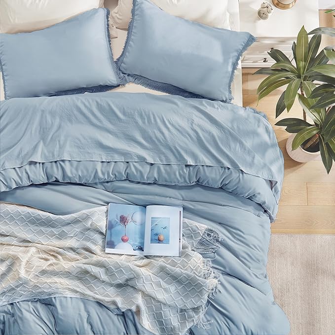 Andency Grayish Blue Comforter Set King Size, 3 Pieces Boho Tassel Lightweight Bedding Comforter Sets, All Season Soft Fluffy Fringe Bed Set (104x90In Comforter & 2 Pillowcases)