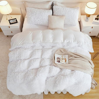 Andency Faux Fur White Comforter King Size, 3 Pieces Fluffy Fuzzy Plush Bedding Comforter Set (1 Shaggy Velvet Comforter & 2 Pillowcases), Soft Puffy Comfy Down Alternative Comforter Bedding Set
