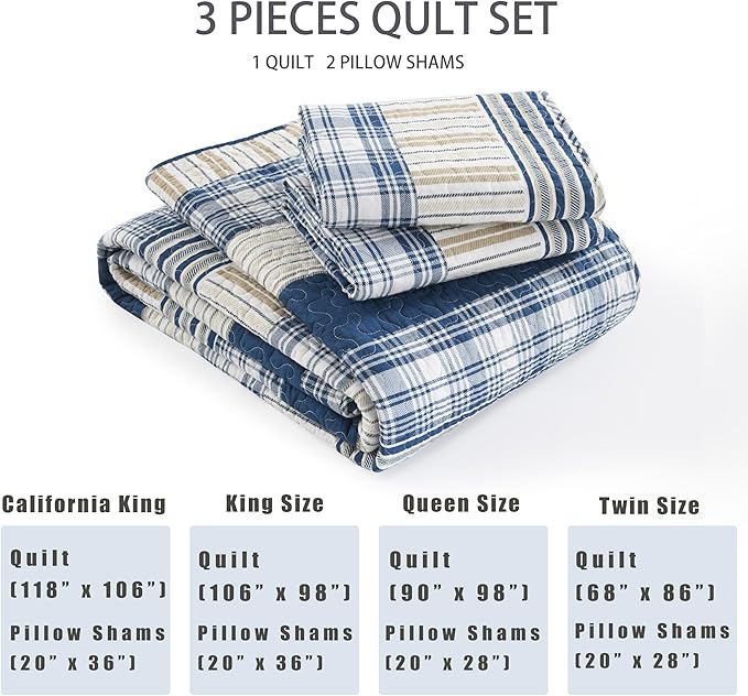 Homzard Queen Comforter Set - Blue White Tan Striped Queen Size Comforter Set,100% Cotton Plaid Quilts Queen Size Bedding Set, Farmhouse Bedspread Lightweight Bedding 3 Pieces All Season