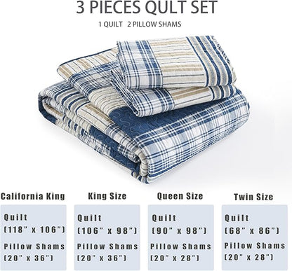 Homzard Queen Comforter Set - Blue White Tan Striped Queen Size Comforter Set,100% Cotton Plaid Quilts Queen Size Bedding Set, Farmhouse Bedspread Lightweight Bedding 3 Pieces All Season