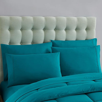 Sweet Home Collection 7 Piece Comforter Set Bag Solid Color All Season Soft Down Alternative Blanket & Luxurious Microfiber Bed Sheets, Teal, Twin XL