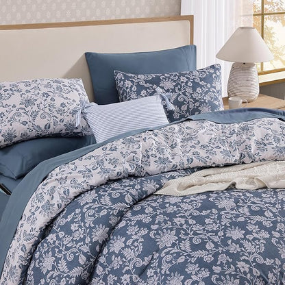 Queen Comforter Set -7 Pieces Floral Oxford Blue Comforter Set for All Seasons, Bed in a Bag Queen with Botanical Flowers Comforter, Sheets, Pillowcases & Shams