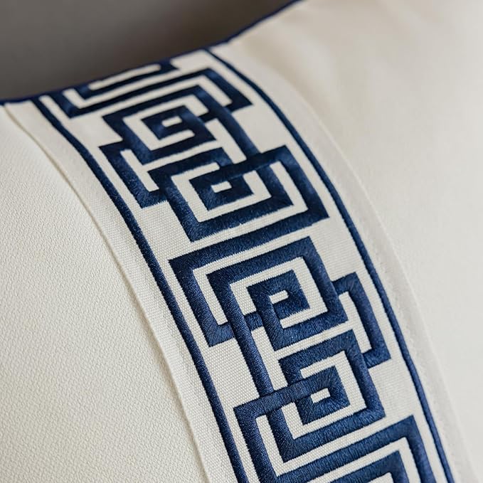 Throw Pillow Covers with Insert Included, with Embroidered Detail, 18 x 18 inches, Decorative Throw Pillow for Sofa Couch Bed (Cream (Navy Trim), 18" L x 18" W)