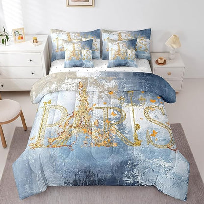 Erosebridal Romantic Paris Bed in a Bag 7-Piece Valentine's Day Eiffel Tower Bedding Comforter Sets, Light Blue Graffiti King Bedding Set Hippie Tie Dye Comforter Set with Flat Sheet and Fitted Sheet