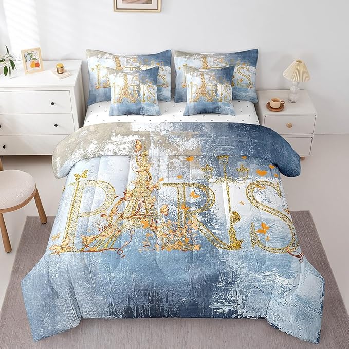 Erosebridal Romantic Paris Bed in a Bag 7-Piece Valentine's Day Eiffel Tower Bedding Comforter Sets, Light Blue Graffiti Full Bedding Set Hippie Tie Dye Comforter Set with Flat Sheet and Fitted Sheet