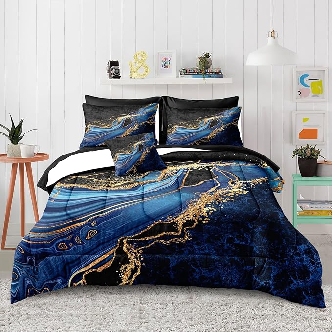 Blue and Gold Bedding Blue Marble Comforter Set 8 Pieces Queen Bed in a Bag with 1 Black Gold Comforter, 1Flat Sheet, 1 Fitted Sheet, 4 Pillowcases, 1 Marble Cushion Cover