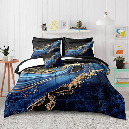 Blue and Gold Bedding Blue Marble Comforter Set 8 Pieces Queen Bed in a Bag with 1 Black Gold Comforter, 1Flat Sheet, 1 Fitted Sheet, 4 Pillowcases, 1 Marble Cushion Cover