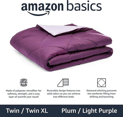 Amazon Basics Reversible Lightweight Microfiber All Season Bed Comforter Blanket, Plum/Light Purple, Twin/Twin XL