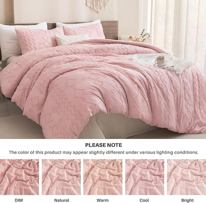 Andency Pink Tufted Comforter Set Full, 3 Pieces(1 Boho Comforter, 2 Pillowcases) Textured Farmhouse Comforter, Soft Microfiber Down Alternative Geometric Bedding Set (79x90Inch)