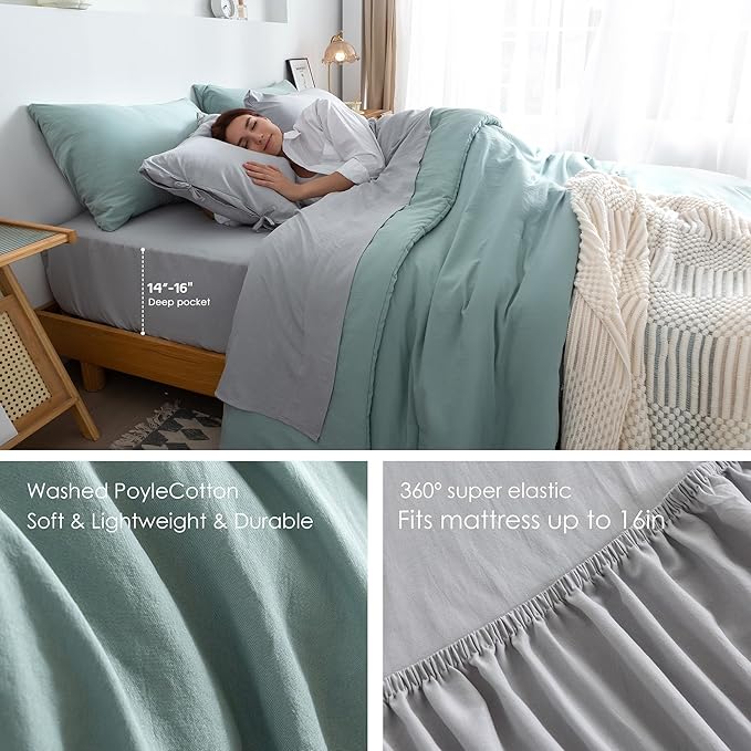 OTTEBED Ultra-Soft Queen Comforter Set with Sheets - Boho 7 Piece Bed in a Bag Lightweight All Season Use, Aesthetic Washed PolyCotton QUEEN Sage Green Comforter with Grey Bedding Sheet Set Pillowcase