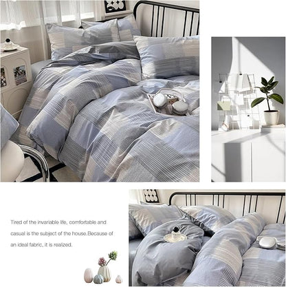 HighBuy Grey Blue Grid Comforter Set Queen Size 3 Piece Gingham Bedding Checkered Stripe Patchwork Comforter Queen with 2 Plaid Pillowcases Boho Comforter Set Striped Art Decor Bedding Set