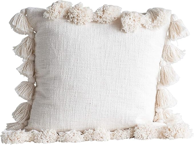 Creative Co-Op Woven Cotton Slub Pillow with Tassels, Cream