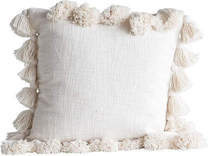 Creative Co-Op Woven Cotton Slub Pillow with Tassels, Cream