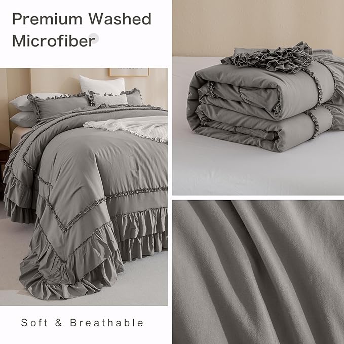 Masaca Grey Oversized King Comforter 120x120,Farmhouse Shabby Boho Chic Gray Ruffled California King Comforter Oversized,Vintage French Country Bedding Comforter with Ruffles for All Season