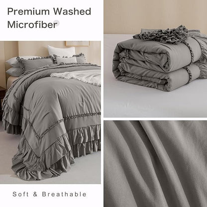 Masaca Grey Oversized King Comforter Set 128x120,Shabby Boho Chic Ruffle Bedding Comforter Extra Large King Size,French Country Rustic Farmhouse Bedding 3PCS (1 Ruffled Comforter+2 Pillow Shams)