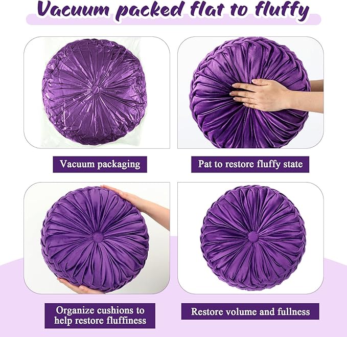 1 Pcs Round Throw Pillows Decorative Velvet Pleated Throw Pillows 15'' Diameter Accent Pumpkin Boho Chair Cushion for Couch Sofa Chair Bed Home Decoration (Purple)