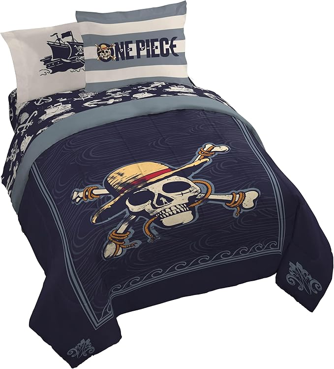Jay Franco One Piece Queen Size Comforter Set - 7 Piece Blue Bedding Includes Sheet Set & Pillow Covers - Super Soft Anime Bedding with Skull and Bones