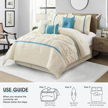 Beige Blue Comforter Set, California King, 7 Piece Bed in a Bag, Microfiber Handcrafted Pintucking, All Season Bed Set with Comforter, Bedskirt, Pillow Shams and Decro Pillows