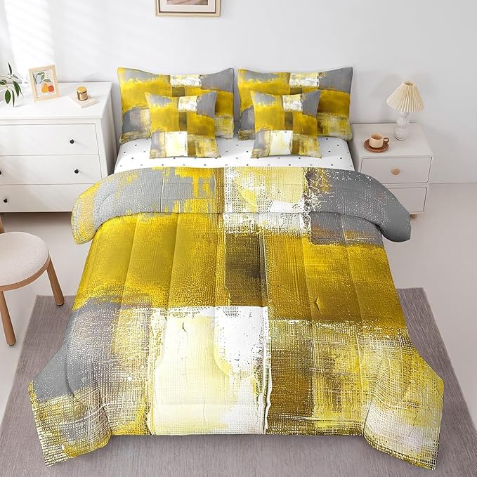 Erosebridal Yellow White Gray Bedding King Size 7-Piece Oil Painting Comforter Set, Ombre Gradient Bed in a Bag with Flat Sheet and Fitted Sheet Graffiti Abstract Bedding Comforter Sets