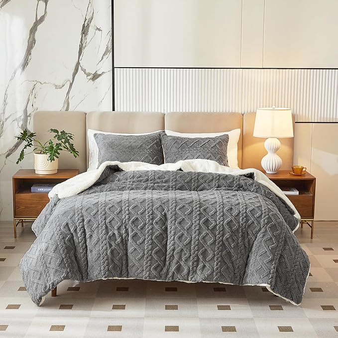 Joyreap 3-Piece Fluffy Faux Fur Sherpa Comforter Set Gray, Twin Size Luxury Tufted Bedding Comforter Set, All Season Soft n Cozy Plush Comforter Bed Set- 68x86 inches