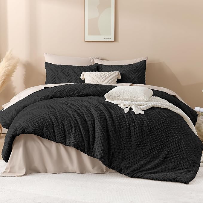 Andency Black California King Comforter Set, 3 Pieces Black Boho Bedding Set & Collections, Farmhouse Tufted Fluffy Bed Set for California King Bed (1 Comforter 104x96In, 2 Pillowcases)
