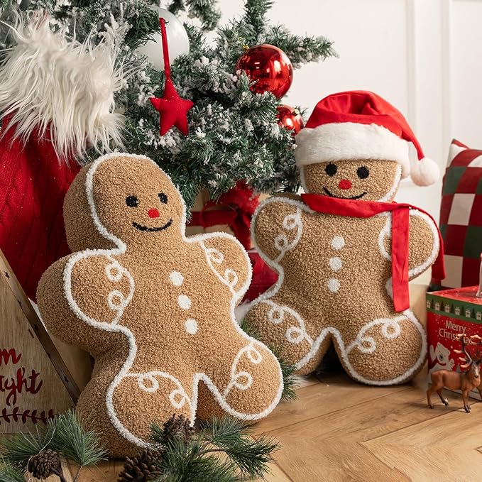 Phantoscope Gingerbread Man Merry Christmas Throw Pillow, Plush Teddy Xmas Gingerbread Shaped Pillows Christmas Decorative Pillow for Couch Living Room Bed, Beige,13 x 17 inches