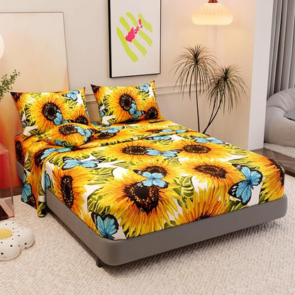 6 Pieces Sunflower Comforter Sets,3D Pattern with Sunflower Blue Butterflies,Decorative 6 Piece Bedding Sets with Comforter,Flat Sheet,Fitted Sheet,Throw Pillow Cover,Pillow Shams,Twin Size