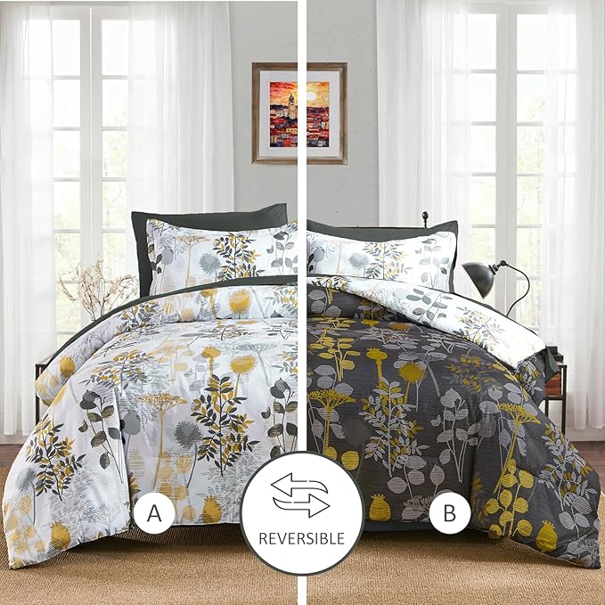 Anibedding 7Pieces King Size Comforter Set, Grey Botanical Bed in a Bag Complete Set with Sheet Pillowcase for Bedroom All Season