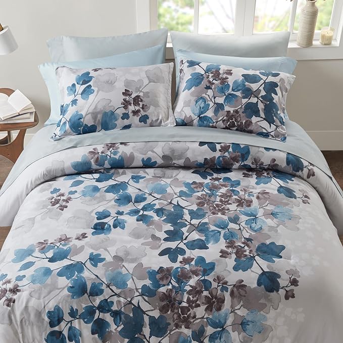 Madison Park King Comforter Set with Sheets, Floral Bed in A Bag Soft Microfiber Comforter for King Size Bed, All Season Lightweight Comforters King Bed Set, Alexis, 9 Piece Blue