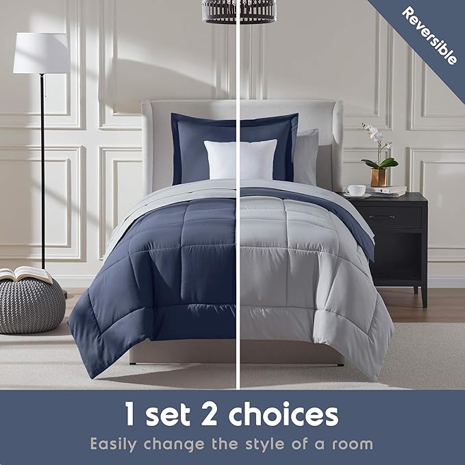 Nestl 5 Piece Twin Comforter Set – Navy Reversible Bed in a Bag – Complete Twin Size Bedding Set with Sheets, Pillowcase and Sham