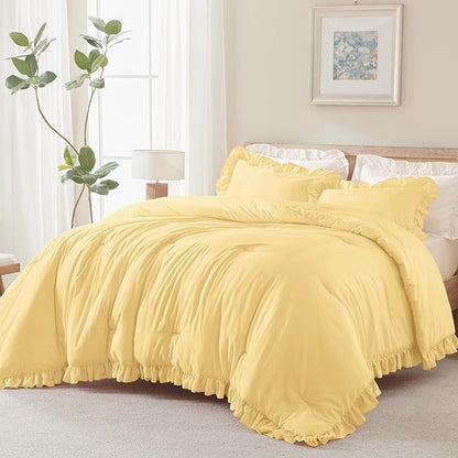Andency Yellow Ruffle Comforter King(104x90Inch), 3 Pieces(1 Ruffled Comforter and 2 Pillowcases) Solid Farmhouse Shabby Chic Bed, Vintage Rustic Soft Microfiber Bedding Set