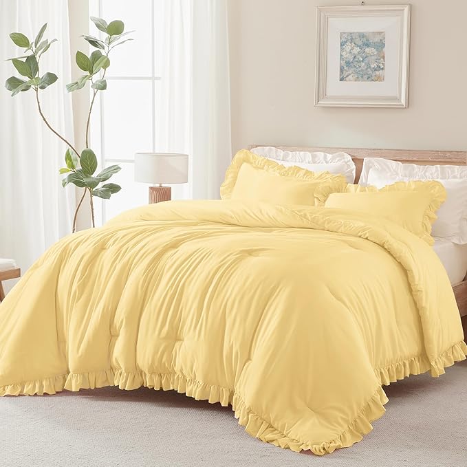 Andency Yellow Ruffle Comforter Queen(90x90Inch), 3 Pieces(1 Ruffled Comforter and 2 Pillowcases) Solid Farmhouse Shabby Chic Bed, Vintage Rustic Soft Microfiber Bedding Set