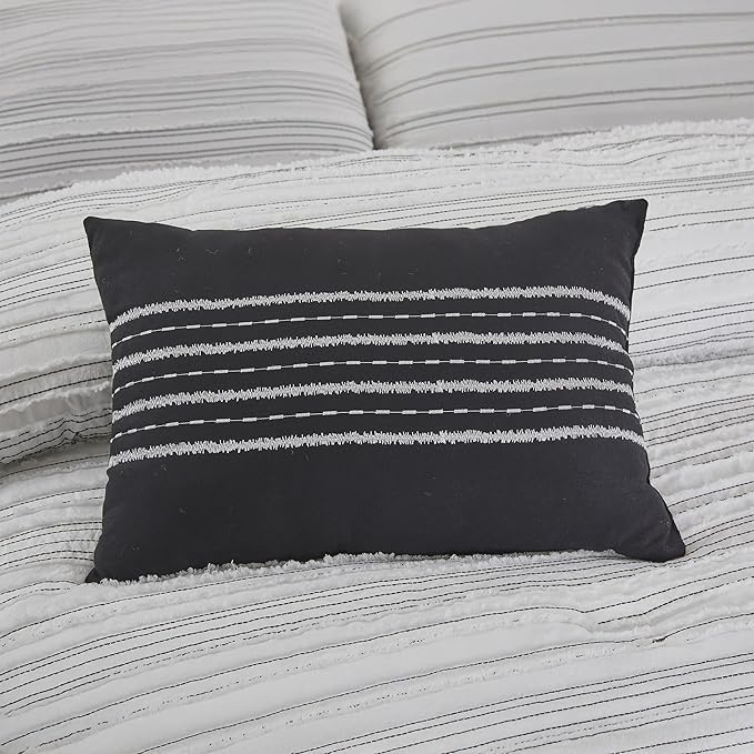 Modern Threads Dixie White Jacquard Comforter Set – 5 Piece Textured Bedding with Decorative Pillows & Shams, Soft All Season Farmhouse Bed Set, Bright White with Graphite Stripes, King