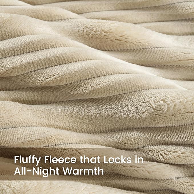 Amélie Home High-End Fleece Twin Comforter Set,Cozy Warm Striped Plush Bedding Set for Winter, 3 Pieces, 1 Cozy Comforter with 2 Pillowcases, Beige, 68"x90"