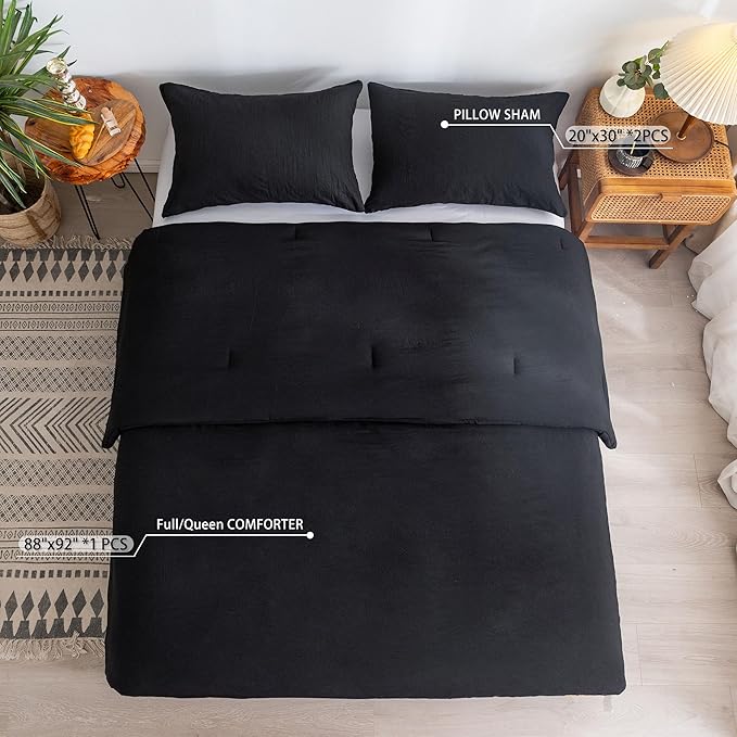 COTTEBED Solid Chic Black Comforters Sets Queen Size Bedding - 3 Pieces Lightweight Silky Soft Cozy Washed PolyCotton Microfiber - 1 Down Alternative Conforter with 2 Pillow Sham All Season,Queen/Full